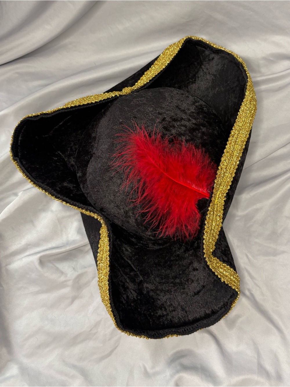 Black Velvet Tricorn Pirate Hat with Red Feather and Gold Trim